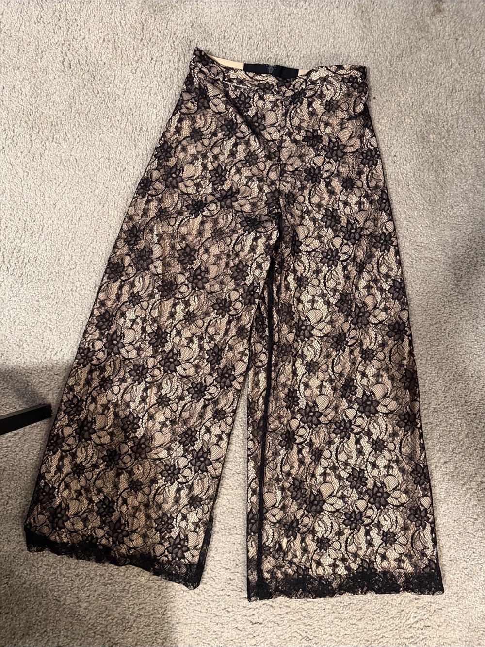 Alice + Olivia Black Lace Wide-Leg Pants over Nude Lining
